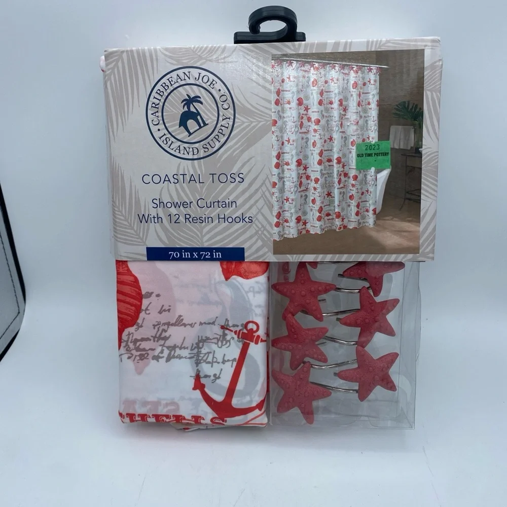 Caribbean Joe Coastal sea Shells Starfish Fabric Shower Curtain & Hooks 70x72”
